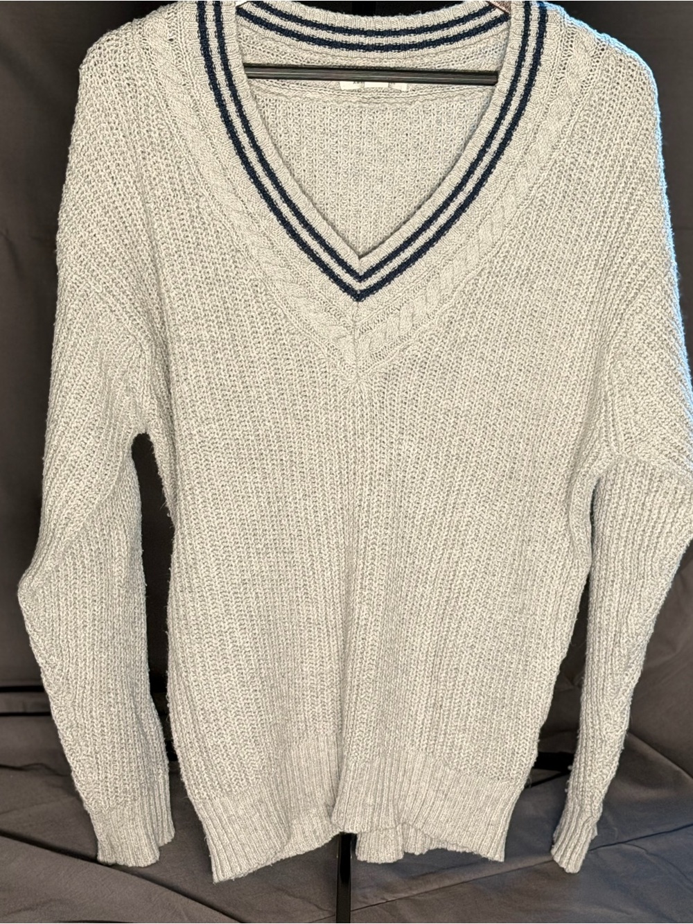 American Eagle Outfitters Cream V-Neck Sweater with Navy Stripe Trim